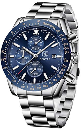 BENYAR Orologio Uomo Analogico al Quarzo Cronografo Impermeabile Luminoso Data Orologio da Polso Cinturino in Acciaio Inox Moda Sportivo Affari Orologi Elegante Regalo per Uomo