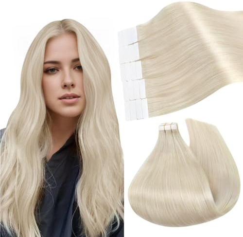 Ugeat Tape in Extensions Echthaar Blond für Kurz 30 cm Extensions Echthaar Tape in Extensions Platinblond Seidig Echthaar Extensions Tape für Frauen #60A 30g 20stück