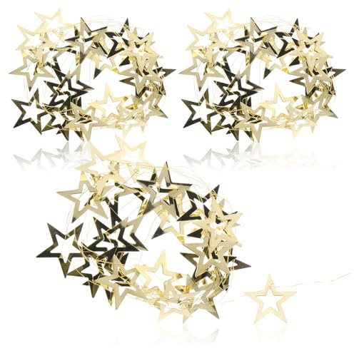 com-four® 3X Goldfarbene Girlande mit Sternen - Weihnachtsgirlande als Christbaumschmuck - Stern-Girlande für den Adventskranz - je 2 m