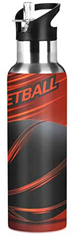 Vnurnrn Art De La Flamme Ballon De Basket-Ball Noir Rouge Bouteille d'eau Isotherme avec Paille en Acier Inoxydable Gourde 600ML, Sans Bpa Gourdes Eau pour Enfant Sport Randonnée École Bureau