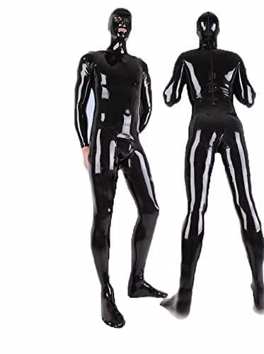 BAGEVI Sexy Dessous Herren Lack Catsuit ouvert, PVC Anzug Jumpsuit Overall Langarm mit 3 Wege Reißverschluss für Herren und Damen Cosplay Clubwear,Schwarz,5XL