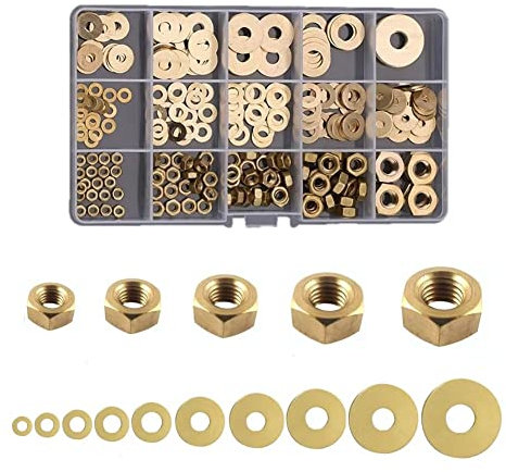 FEEIMOL 253 Pezzi M3 M4 M5 M6 M8 Dado Esagonale e Rondelle Piatte Assortimento in Ottone per Viti/Bulloni