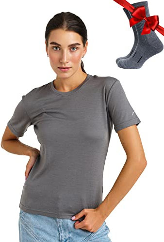 Merino.tech 100% Merino T Shirt Damen - Merinowolle Sport Wandern Thermoshirt Damen + Wandersocken (Perfect Grey Crewneck, X-Large)
