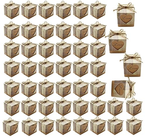 Changyeah 50 Piezas Cajas de regalo, Caja carton craft, caja de regalo de papel kraft vintage, Para el envasado de dulces de boda, Artículos fiestas, Chocolate, Con 50 cuerdas de yute