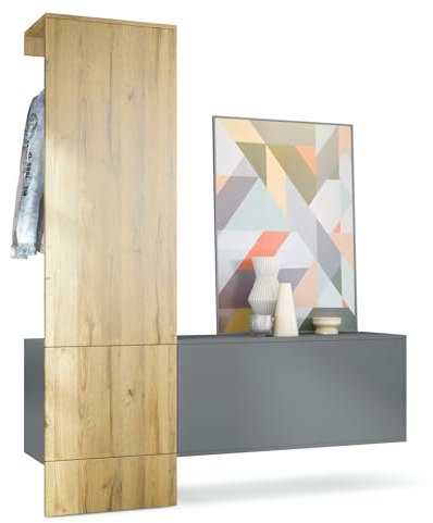 Vladon Penderie Carlton Set 4, Meuble d’entrée Comprenant 1 Panneau Porte-Manteaux, 1 Module de Commode, Anthracite Mat/chêne Nature (156,5 x 193 x 35 cm)