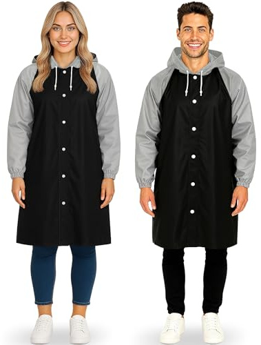 REDSTAR Rain Coats for Women and Men, 2 Pack Raincoat Pac a Mac with Hood | Rain macs for ladies and gents: long waterproof coat with popper front, drawstring hood and fitted cuffs, one size
