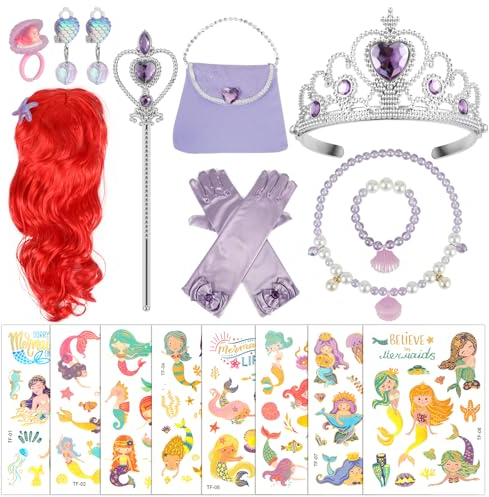 BTHRORO Meerjungfrau Kostüm Mädchen, Meerjungfrau Perücke Rote Prinzessin Kronen Handschuhe Zauberstab Mermaid Schmuck Set Kinder Costume Zubehör für Halloween Karneval Party Cosplay Geburtstag