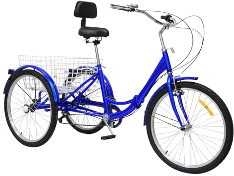 OUBUBY Dreirad für Erwachsene 24 Zoll, Senioren Dreirad 7 Gang Dreirad mit Einkaufskorb Kreuzfahrt Dreirad Faltende Dreirad Reise Dreirad Geeignet für Erwachsene ältere (Blau)