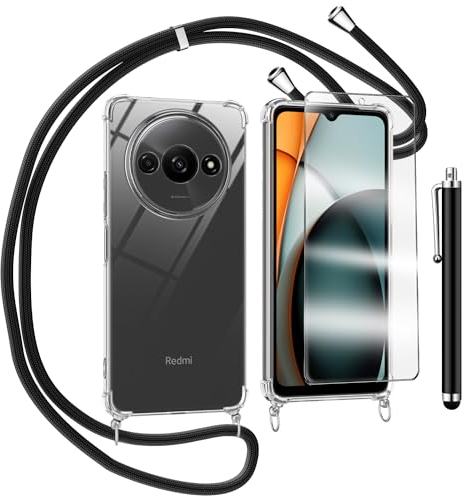 TTSWJBD Coque pour Xiaomi Redmi A3 avec Verre Trempé Protection écran Cordon de Collier Réglable Chaîne Antichoc Transparente Silicone Lanyard Case, Housse Étui de Protection - Noir