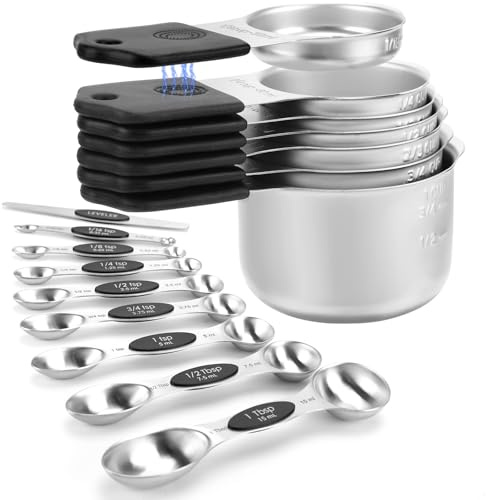 Magnetic Measuring Cups and Spoons Set-Heavy Duty 304 Stainless Steel | Double Measurement Markings,BPA-Free,Set of 16 with Leveler for Measuring Dry and Liquid Ingredients(Black)