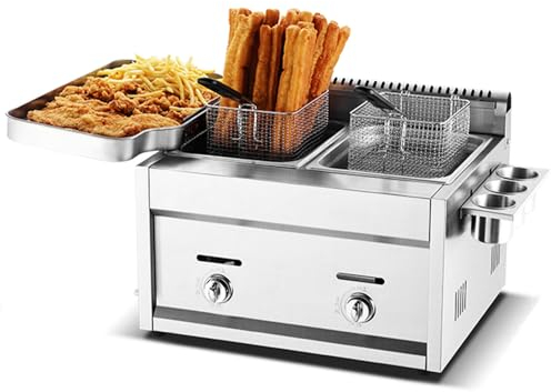 HNBYLMM Freidora de Gas propano Comercial - Freidora de Acero Inoxidable para encimera de 20 litros con 2 cestas - Freidora de Cocina de Doble Tanque para Papas Fritas, Pollo, donas, Restaurante