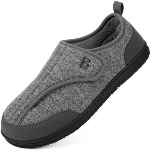 LongBay Men's Wide Fit Slippers Memory Foam House Shoes with Adjustable Hook-and-Loop Non Slip Indoor Outdoor Swollen Feet Slippers Grey 10