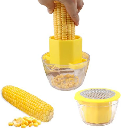 Pelador de mazorcas de maíz, removedor de mazorcas de maíz con rallador de taza integrado, cortador de granos de maíz que elimina rápidamente los granos del maíz (amarillo)
