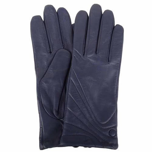 SNUGRUGS Womens Smooth Genuine Leather Glove with Stitch, Button Detail, Navy, Medium