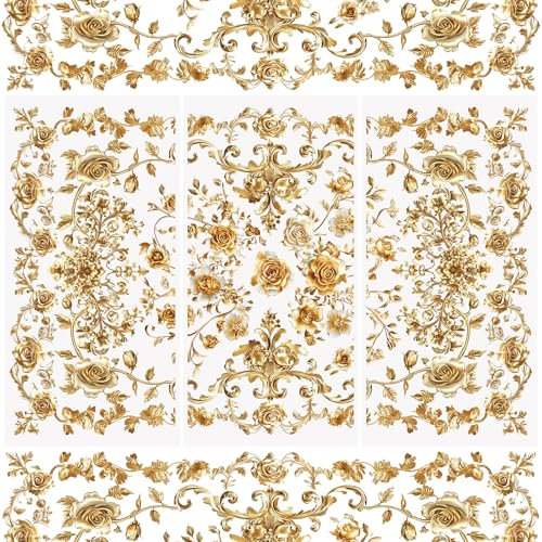 WANDIC 3 Bogen Rub on Transfer Stickers, Goldene Vintage Aufkleber mit Blumen Muster, Europäischer Stil, Wasserdicht, Möbel, DIY Kunsthandwerk, Verzierungen für Fotoalbum und Scrapbook, 15 x 30 cm