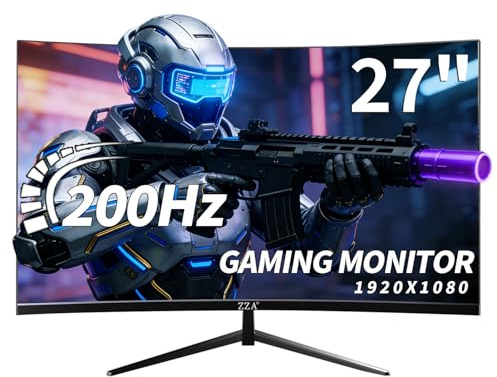 ZZA - 27 Gaming Monitor, 180Hz-200Hz Curved Monitor, VA Gaming Monitor, Full HD 1920x1080/180Hz, 1ms Refresh Rate, 100% sRGB Response, Resolution