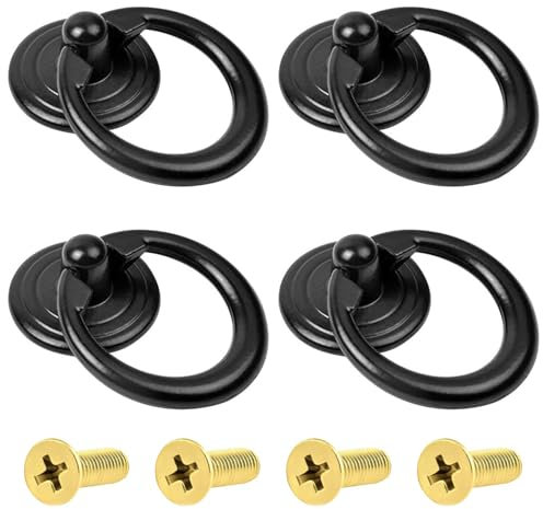 QZKJQDD 4 pcs Drawer Handles and Ring Pull, Vintage Metal Drawer Knobs Pulls Handles Decorative Furniture Door Drawer Handles and Ring Pull with Screws for Cabinet Wardrobe Cupboard Dresser (Black)