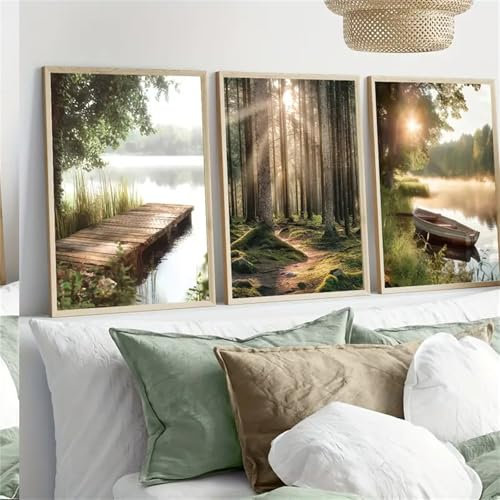 Uixxducc 3er Poster Set, Natürliche Landschaft Bilder Set, Sonnenschein See Wald Berg Boot Poster & Kunstdrucke Wandbilder, Bilder Wohnzimmer Deko Schlafzimmer, Ohne Rahmen (21x30cm,ABC)