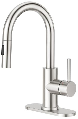 CREA Bathroom Faucet with Pull Out Sprayer,Brushed Nickel Single Handle Kitchen Bar Faucets for Mini Sink Pull Down Vanity Mixer Tap 2 Water Modes,cUPC/NSF