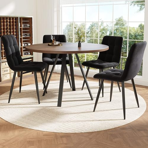 Lahoomu Essgruppe (5-TLG), Runder Esstisch, 80×80×75cm mit 4 Esszimmerstühlen, Couchtisch für 4 Personen, Samtsitze mit Nussbaumfarbenem, Schwarze Esszimmerstühle