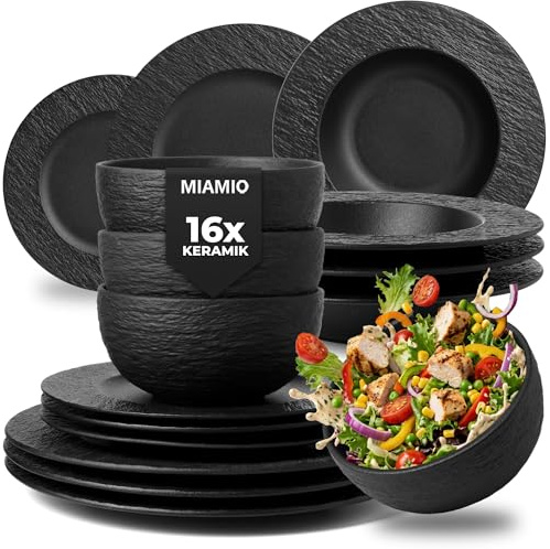 MIAMIO – 16 teiliges Geschirr-Set/Modernes Keramik Geschirr/Essgeschirr/Set für 4 Personen - Oasis Kollektion (Schwarz, 16x)
