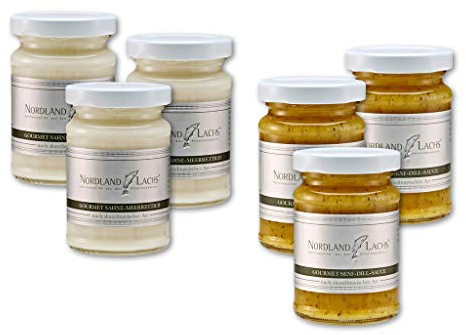 Nordland-Lachs 6er Gourmet Saucen Set mit je 3 Gläsern Sahne-Meerretich und Senf-Dill-Sauce