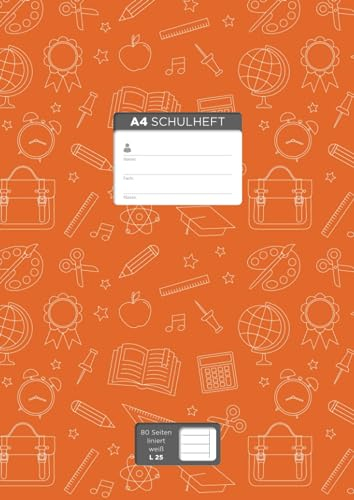 A4 Schulheft für „Vielschreiber“, 80 Seiten, liniert mit Rand (Lineatur 25), weißes Papier: Cover-Farbe: orange, Illustration: Schule, (10 ... Seitenzahlen, Adressteil, und Kalender 2022