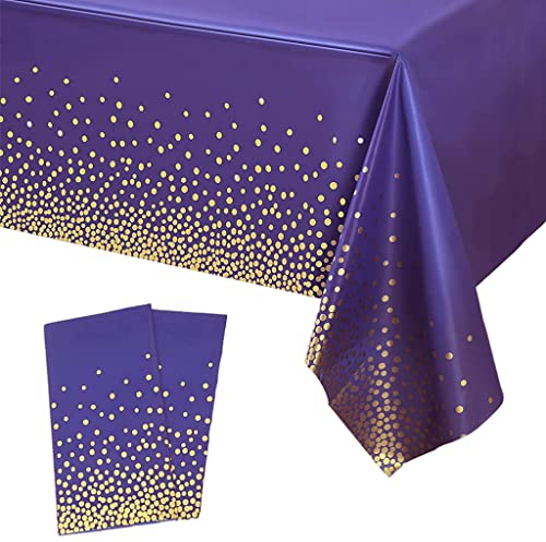 YAAVAAW 2 pièces 137 * 274cm Violet et Or Points Nappes Jetable,Rectangulaire Imperméables Nappe Plastique Décoration de Table pour Anniversaire,Fêtes,Mariages,Pique-niques,Halloween,Noël