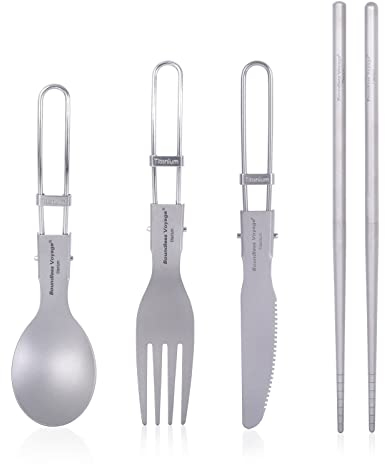 Boundless Voyage Ustensiles de voyage réutilisables 1/3/4 pièces couteau, cuillère, fourchette, baguettes en titane, vaisselle de camping, couverts avec sac de transport Ti1123T (4 emballés)