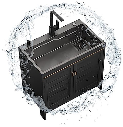 Meuble Evier Cuisine Meuble Sous Evier Cuisine Noir Professionnel Extérieur Évier De Jardin avec Robinet Chaude et Froide et de Rangement pour Cuisine des Restaurants Garages Entrepôts. ( Size : 60x45