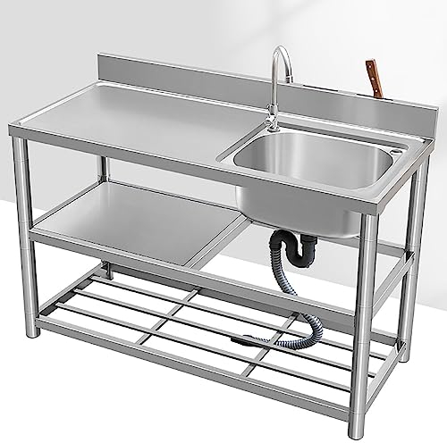 Freistehende Kommerzielle Utility-Spüle, Outdoor-Edelstahlspüle, Einzelbecken, Restaurant-Küchenspüle-Set, mit Abtropffläche und doppelten Ablageflächen, Wasserhahn 90x50x80cm/35.4x19.7x31.5in Right