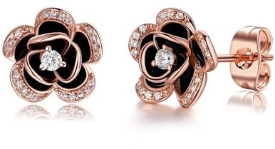 MYBELLNA 14K Gold Dainty Flower Earrings Black Rose Gold Flower Pearl Stud Earrings for Women Sterling Silver Post Hypoallergenic Earrings for Women Mom Her