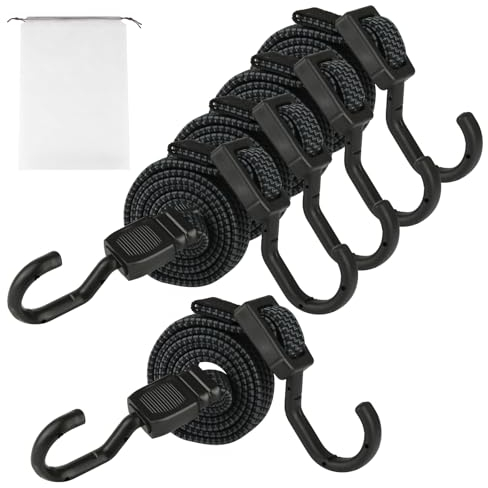 5 elastici regolabili con gancio, 100 cm, fascia in gomma piatta, colore nero, elastici in gomma extra forti