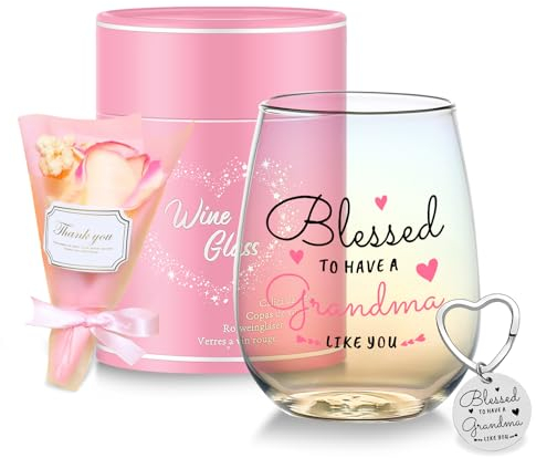 Yalucky Best Grandma Gifts Iridescent Stemless Wine Glass Nanny Gifts Granny Retirement Gift for Women Grandma Mothers Day Birthday Nana Gift Thanksgiving Christmas Nan Present from Grandchildren