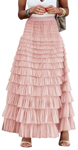 Flygo Women's Long Maxi Tulle Skirts A Line Ruffle High Waisted Tiered Layered Mesh Tutu Skirt Petticoat(Pink-S)