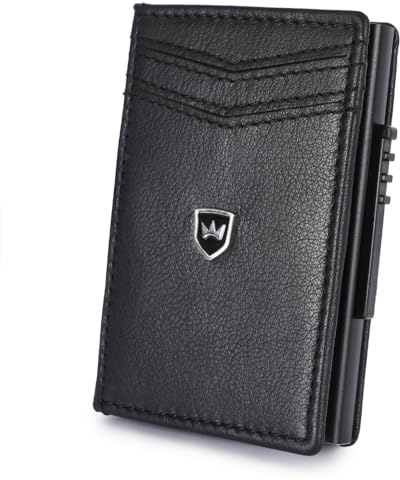 Kronenschein® Geldbörse Herren & Damen - Portemonnaie Leder mit RFID Schutz klein - POP-UP Geldbeutel Mini - Slim Wallet - Kartenetui - Portmonee Schwarz