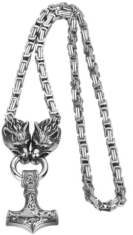OIDEA Collar Martillo Thor Vikingo: Colgante Cadena Bizantina de Cabeza de Lobo Pesado para Hombre Plata Acero Inoxidable Amuleto Hipoalergénico - Para Uso Diario Regalo