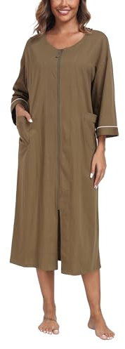 COLORFULLEAF Damen Bademantel mit Reissverschluss 100% Baumwolle Leicht Morgenmantel Hausmantel Damen Lang mit Taschen M-XXL(Olivgrün,XL)