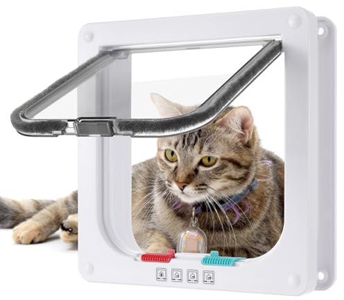 Roxanex Puerta para gatos mediana de 16 cm x 15,7 cm, fácil de instalar, puerta corredera de seguridad para mascotas con cerradura de 4 vías, solapa impermeable para puerta interior y exterior, valla