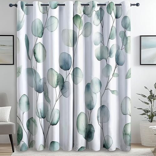 Weiß Blickdichte Gardinen mit Ösen, Vorhänge Thermo H 225 x B 140 cm (2er Pack) für Kinderzimmer Schlafzimmer Wohnzimmer, Vorhang Pflanzen Aquarell Eukalyptusblätter Muster