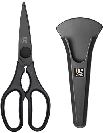 Linoroso Kitchen Scissors All Purpose with Magnetic Holder for Refrigerators, Dishwasher Safe Kitchen Shears Come Apart, Heavy Duty Scissors for Food, Meat, Vegetable, Herb, BBQ, Black