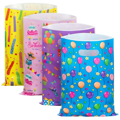 GOMANCHE 50 Stück Geburtstagstüten für Kinderpartys, 4 verschiedene Arten Geburtstagsgeschenktüten, Süßigkeiten Goodie behandeln Tasche für Kinder Geburtstagsfeiern, 16.5 x 25 cm