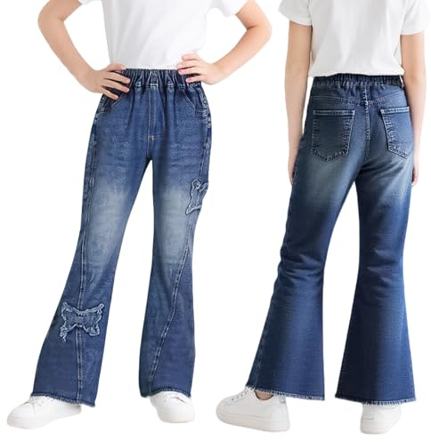 Domueay Vaqueros para Niñas Baggy Cintura Elástica Denim Jeans, 6-15 años | Pierna Ancha Pantalones, Casual Moda Streetwear, Uso diario, Colegio, Ropa Infantil Primavera Otoño, Clásicos Versátiles