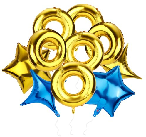 10 Teiliges Set mit Goldblauen Cartoon Luftballons, Vierzackige Stern und Fünfzackige Sternring Luftballons Goldene Ring Cartoon Themenparty Dekoration für Geburtstagskarneval