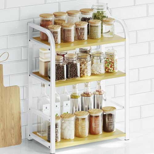 Kitchen Shelf Organiser Coffee Station - Spice Rack Storage Cupboard Organizer White Wooden - 3 Tier Shelves for Counter Top - Small Desk Worktop Organisation Unit Free Standing Coffe Bar Accessories