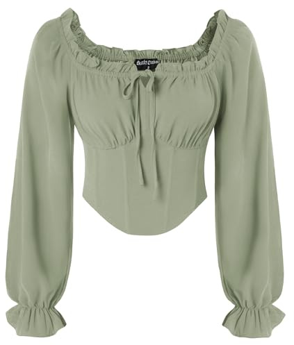SCARLET DARKNESS Women's Light Green Corset Top Long Sleeve Blouse Square Collar Smocked Y2K Tops Cottagecore Beach Crop Top S