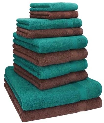 Betz 10-TLG. Handtuch-Set Classic 100% Baumwolle 2 Duschtücher 4 Handtücher 2 Gästetücher 2 Seiftücher Farbe smaragdgrün und nussbraun