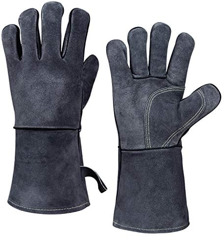 OZERO 14-inch Welding Gloves: Fire 500℃ Heat-Resistant Leather BBQ Long Sleeve and Insulated Lining Arm Protection for Welder, Forge, Fireplace, Wood Stove - Grey Large Fireproof Gloves