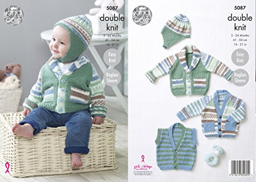 King Cole Baby Double Knitting Pattern Easy Knit Raglan Sleeve Jackets Gilet & Hat (5087)