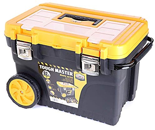 Large Tool Box On Wheels 24 Inch 62cm Professional Heavy Duty Toolbox Chest With Tote Tray 60 Litres Capacity 2 Wheels For Maintenance, Outdoors, Hobbies, Fishing, Garage And Home TOUGH MASTER